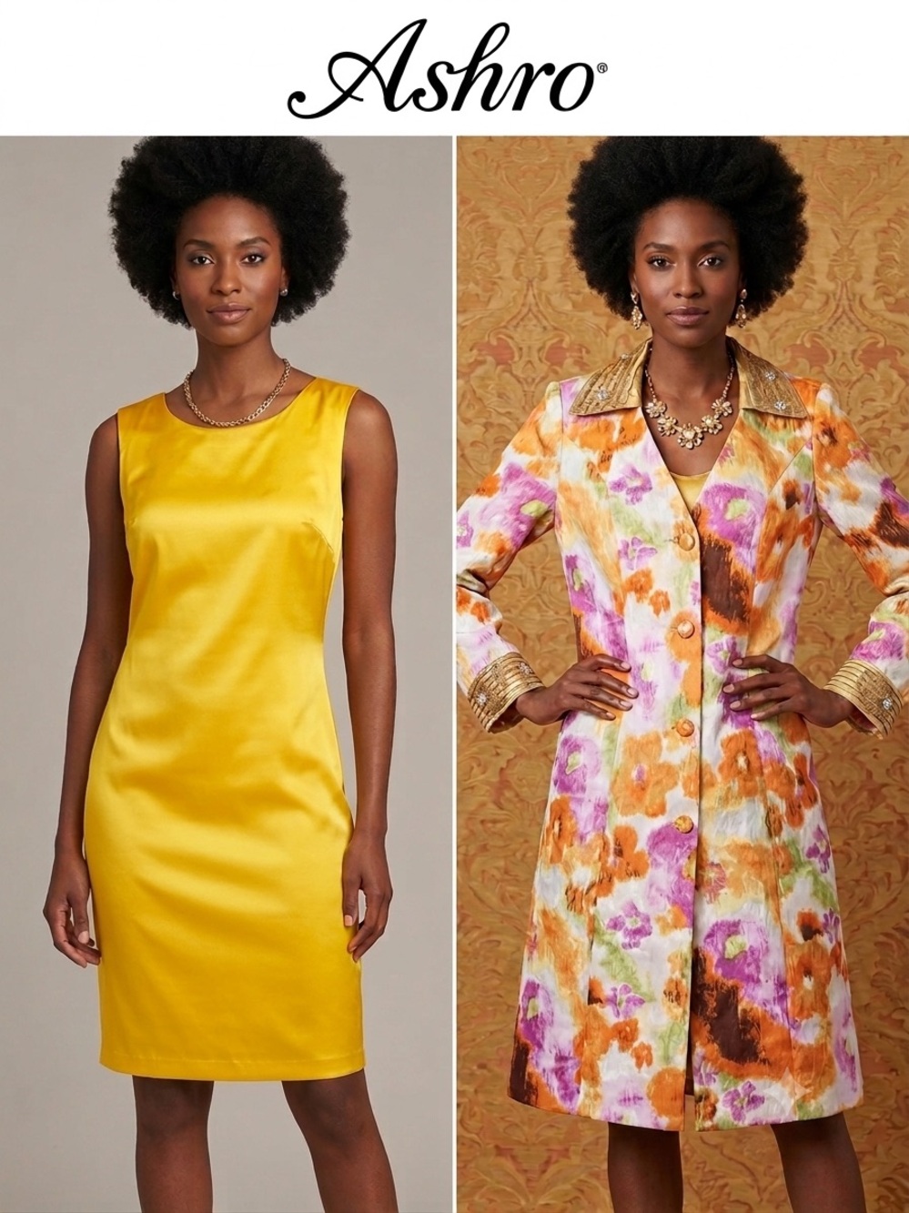 Two Piece Ashro Golden Yellow Satin Sheath Dress and Floral Midi Coat